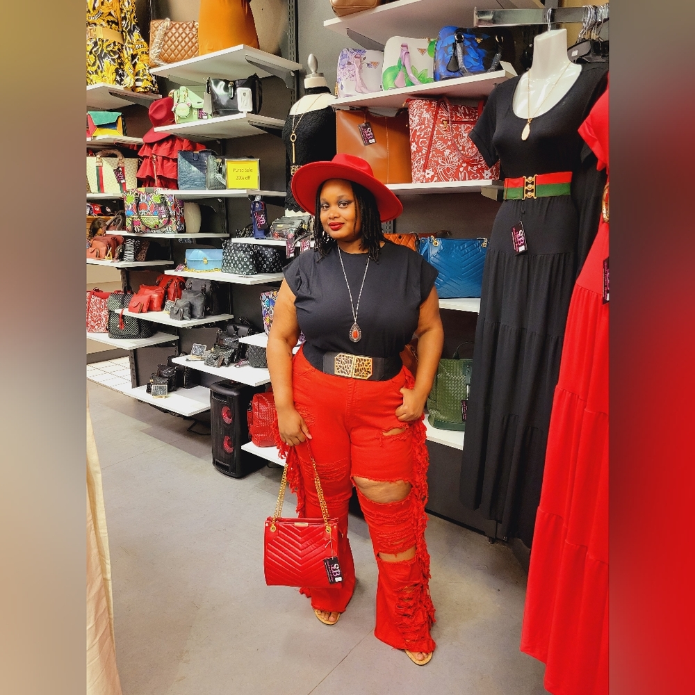 Side Tassel Flare/Bell Bottom Distressed Red Jeans. PLUS/CURVY (NWT)